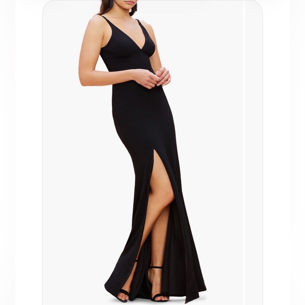 DRESS THE POPULATION Iris Black Side Slit Crepe Classic Maxi Gown Dress Sz XL